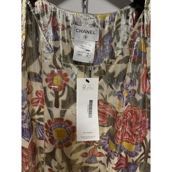 Chanel Blouse Womens 40 Multicolor Floral Metallic Silk Top V-Neck Made in Italy - Picture 7 of 14